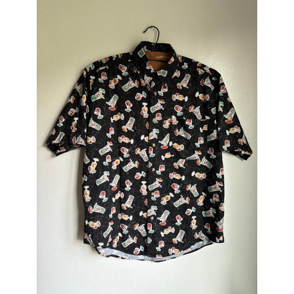 Natural Issue Mens Cocktail Themed 100% Cotton Button Up Black Multicolor Size M